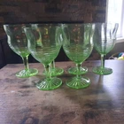 6 Anchor Hocking Vaseline Glass Ringed Wine Glasses antique vintage uranium