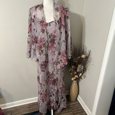 Vtg R&M Richards Women 2pc Set Pink Floral Long Dress Sheer