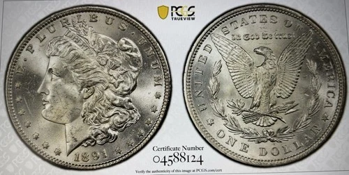 1891 Morgan Silver Dollar - PCGS MS 63 - Gold Shield.  Bright White Flashy Coin.
