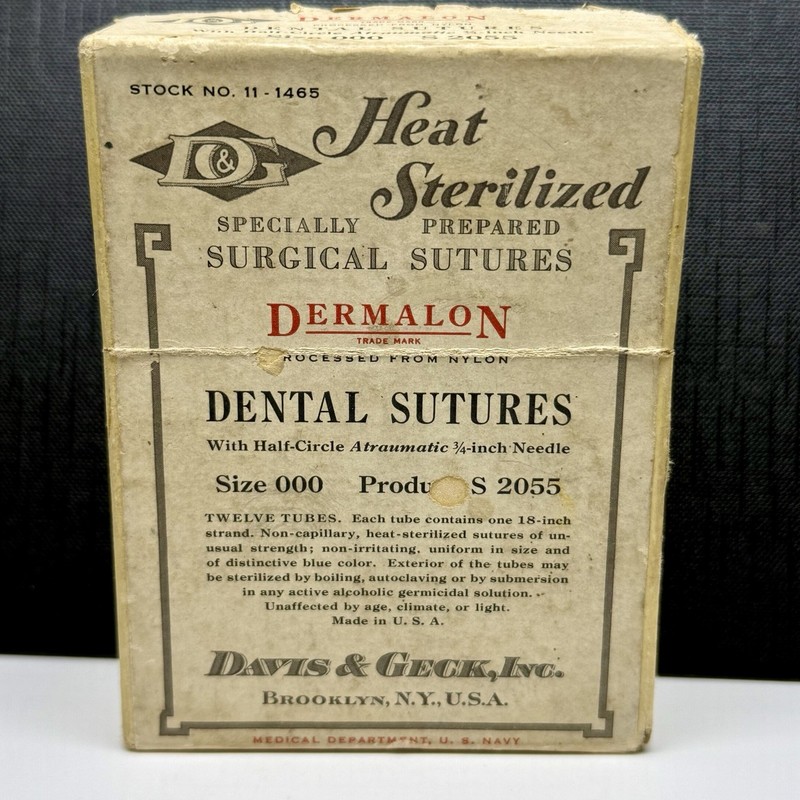 Antique Medical Dermalon Sutures Size 000 Box With Cartridges Sealed Glass Tubes