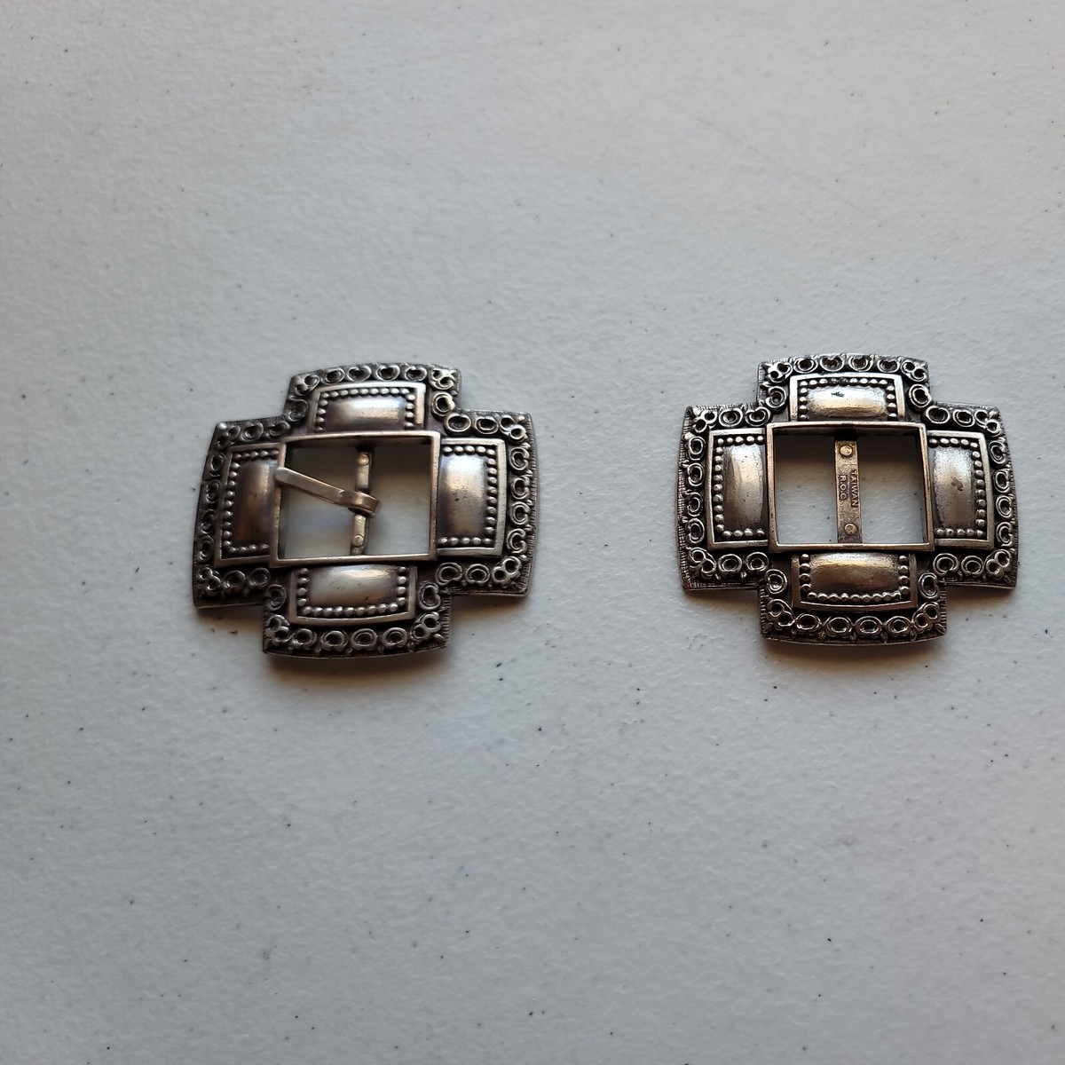 Vintage R.O.C. Taiwan silver tone reticulated Belt Buckle 