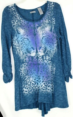 New Directions Womens M Blue LS Thin Leopard Face Sparkle Dot Longer Back Blouse