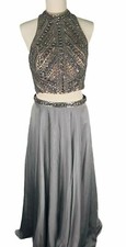 Milano Formals Womens Dress Sz 12 Beaded Top Skirt Gray Choker Open Back Prom