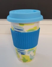 IQ Accessories Blue Yellow Tumbler COFFEE Travel Mug 12 Oz w/Silicone Lid & Grip