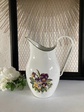 225⚜️ Ancien Broc Pichet en Tôle Émaillée Décor Fleurs Hauteur 25,5 Cm A Rémail