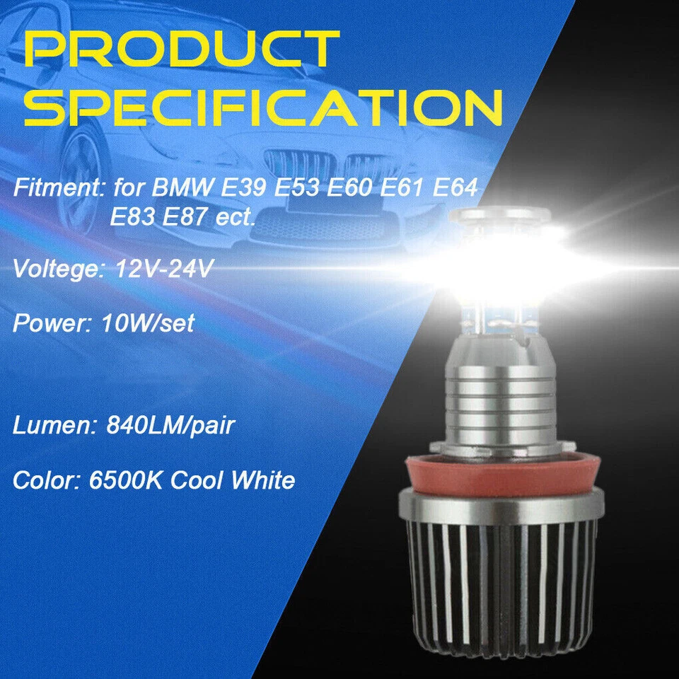 For BMW H8 1 3 5 Series 12SMD White LED Angel Eyes Ring Marker Light Bulbs - Image 2 of 4