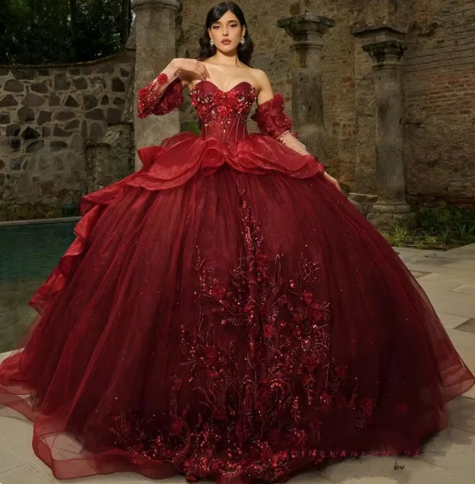 Burgundy Shiny Quinceanera Dresses Formal Luxury Party Beading Lace Appliques Burgundy Shiny Quinceanera Dresses Formal Luxury Party Beading Lace Appliques
