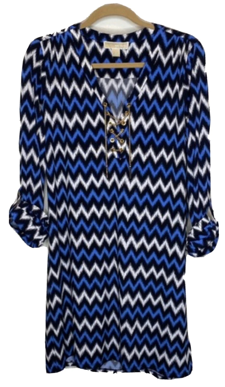 Abito tunica midi Michael Kors blu chevron catena oro stringato nuovo con etichette taglia M $120