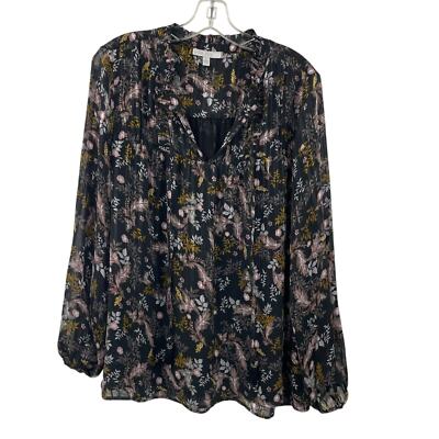 Pale Sky Long Sleeve Split Neck Floral Print Blouse Black Yellow Pink Size Large