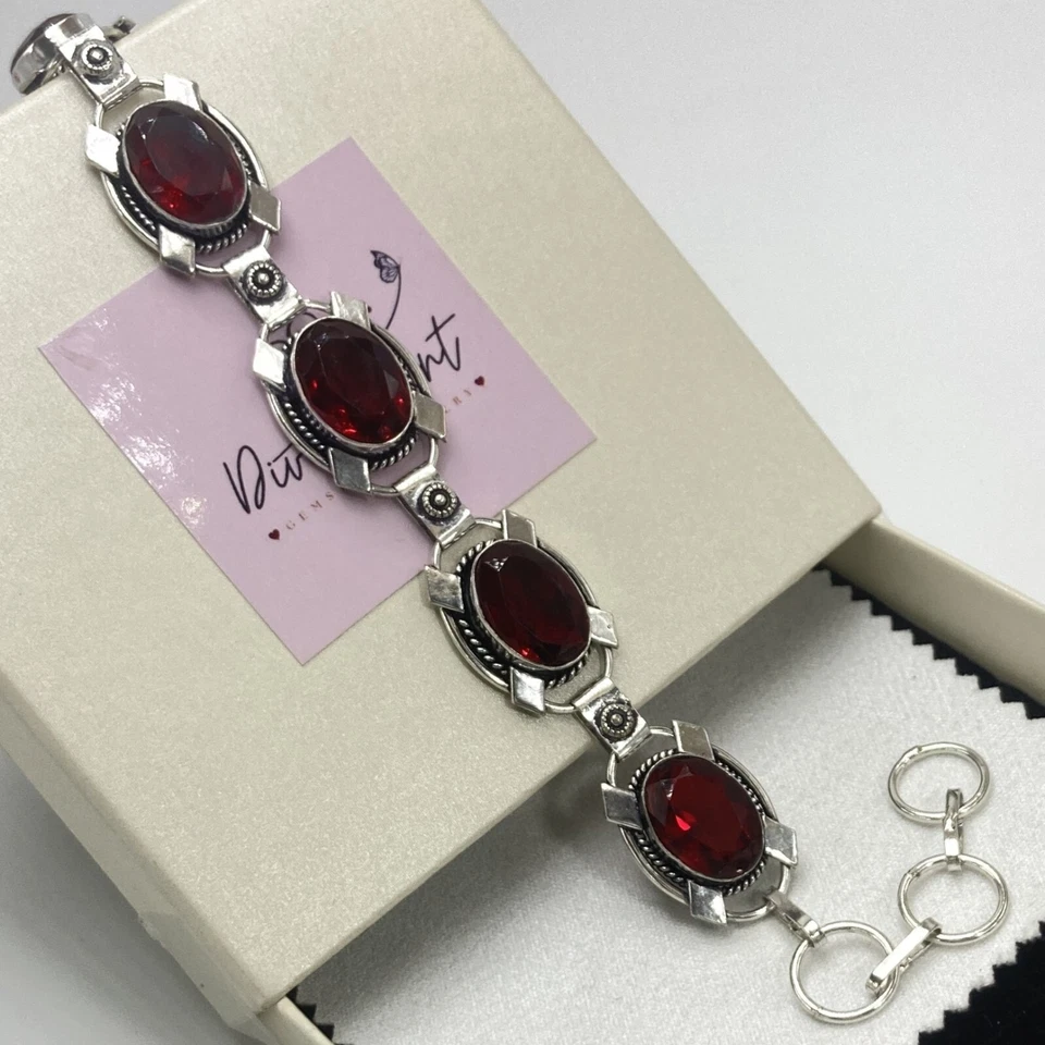 Red Garnet Gemstone Vintage Handmade 925 Sterling Silver Bracelet 7-9" SOLO ITEM - Image 2 of 4