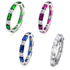 Sterling Silver Eternity Ring w/ Colored Baguette  Clear Round Cut CZ Stones