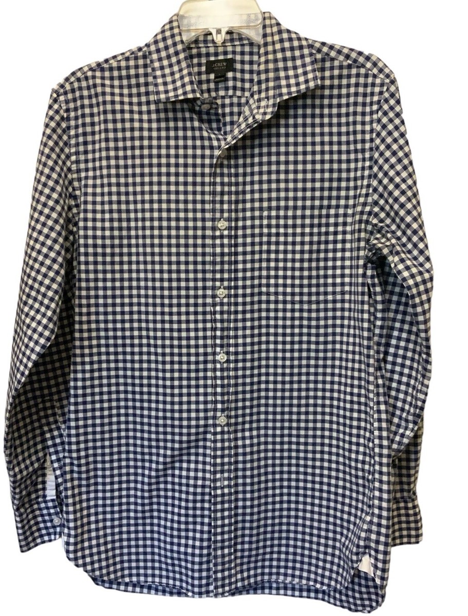 Mens Gingham Navy Blue White Button Down Long Sleeve