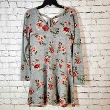 NWT Francesca's Grey Pink Floral Flannel Long Sleeve Dress Size XXS