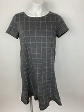 Ann Taylor Loft Gray Pink Windowpane Plaid Shift Dress Ruffle Hem 10 P Excellent