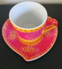 Maisons Du Monde Cafe Espresso Coffee Cup & Sauser. Cerise Pink, Orange & Gold.
