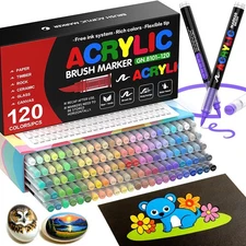 120 Color Acrylic Paint Markers, Soft Brush Tip Art Pens, Water-Resistant Pai...