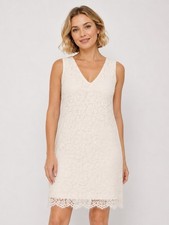 Karen Kane Lace Shift Mini Dress V Neck Sleeveless Scallop Hem Cream Large NEW