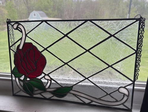 Stained Glass Red Rose Suncatcher Window Art Decor 16x10” Vintage Textured Glass
