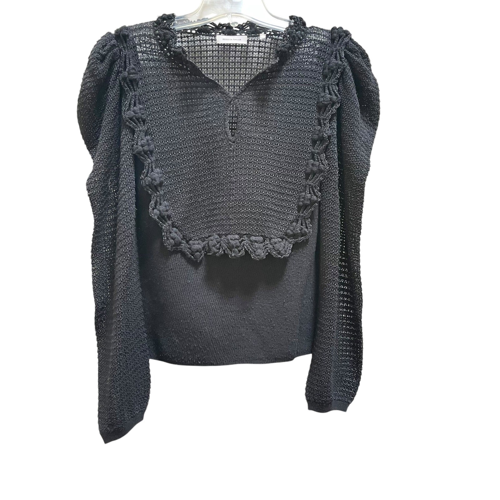 Rebecca Taylor Crochet Stitch Black Wool Blend Puff Sleeve Sweater Size Small