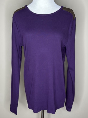 NEW Lauren Ralph Lauren purple ribbed knit top brown suede zip shoulder XL.