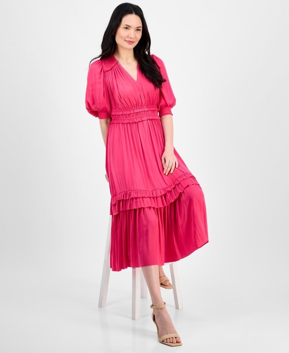 Tahari Dress Womens Size L Tulip Pink Puff Sleeve Smocked Ruffle Midi $148 | eBay Tahari Dress Womens Size L Tulip Pink Puff Sleeve Smocked Ruffle Midi $148 | eBay