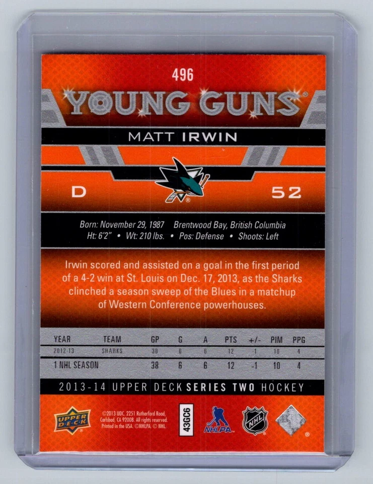 2013 Upper Deck #496 Matthew Irwin YG RC Rookie San Jose Sharks - Image 2 of 2