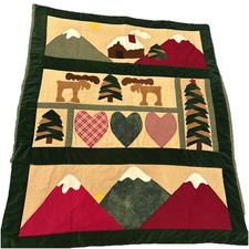 Patchwork Quilt Wall Hanging Cabin Lodge Moose Mountains Nature Handmade 46x53