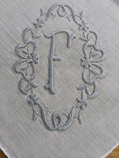 Vgt F Monogram Silvery Gray Embroidery On White Cotton Hankie Handkerchief