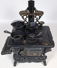 Vintage Crescent Miniature Cast Iron Stove w/Pots Pans Pail
