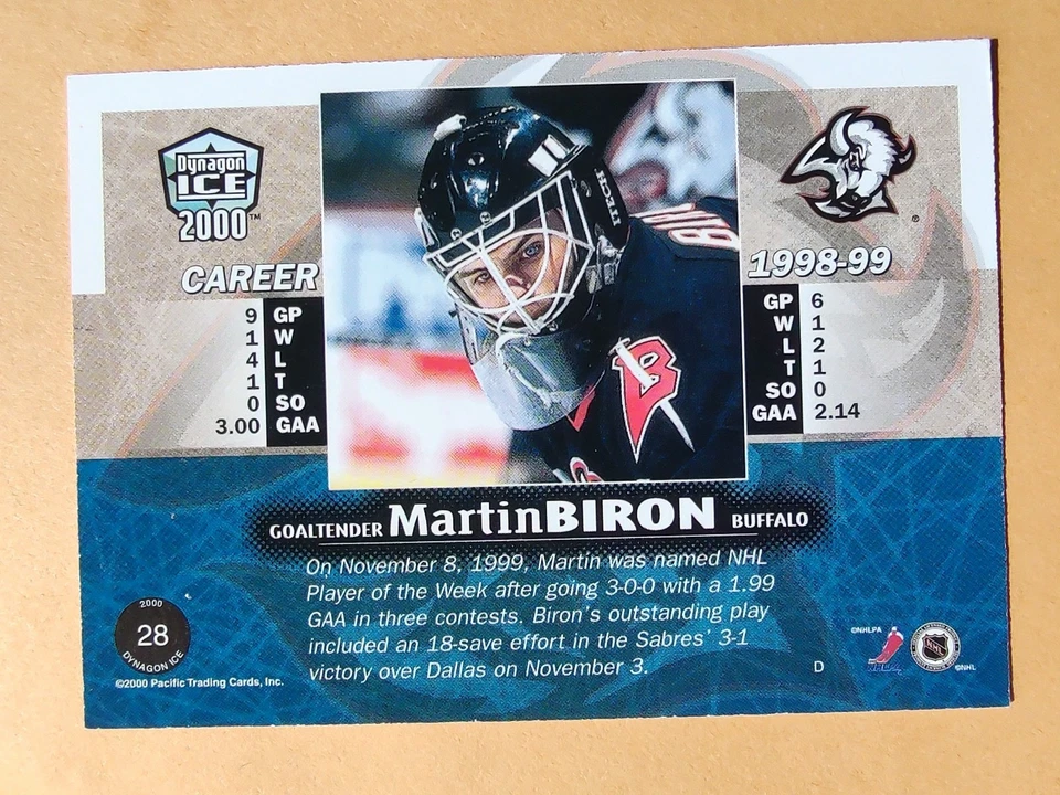1999-00 PACIFIC DYNAGON ICE MARTIN BIRON BUFFALO #28 ROOKIE BLUE #15/67 - Image 2 of 2