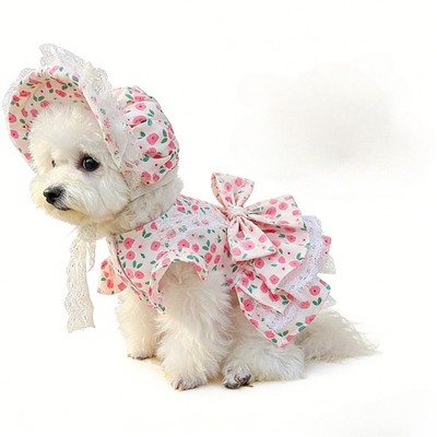 Small Dog Pink Rose Floral Dress Hat Set Summer Flower Pet Outfit for Puppy 