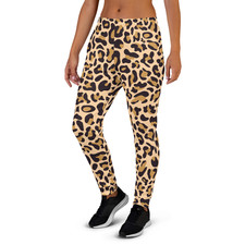 Women's Beige Animal Print Joggers Slim Fit Fleece Lined Pockets