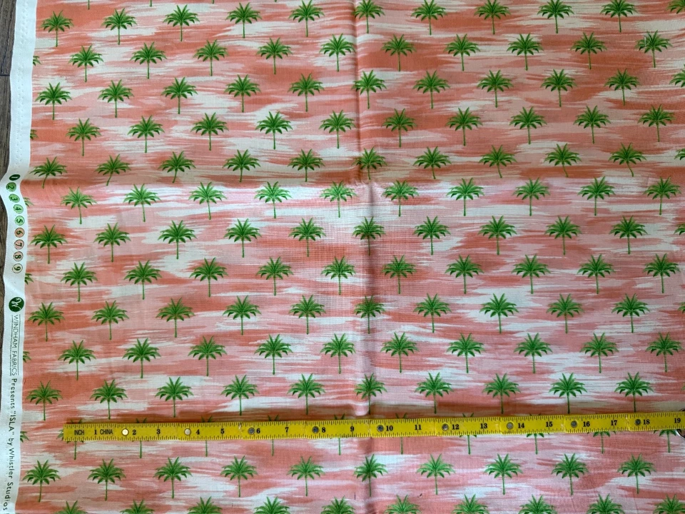 TROPICAL GREEN PALM TREES ON PEACH CREAM BACKGROUND HAWAIIAN 100% COTTON FABRIC - Image 1 of 1