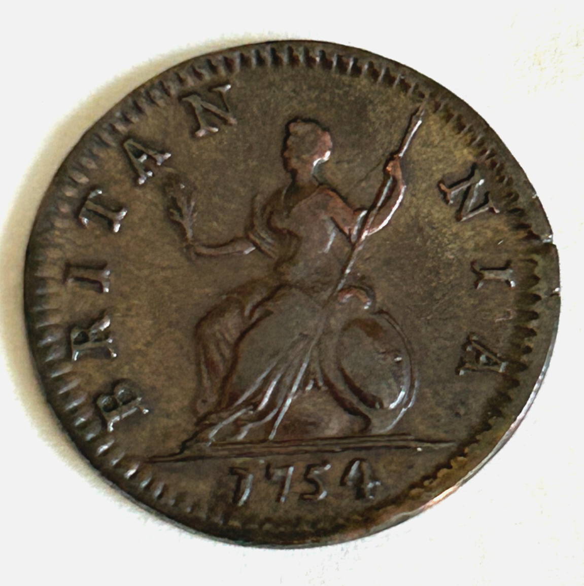1754年英国　ジョージ2世 銅貨 ブリタニア　フォーシング銅貨　ハイグレード 1754 King George II US Colonial Copper Farthing Great Detail