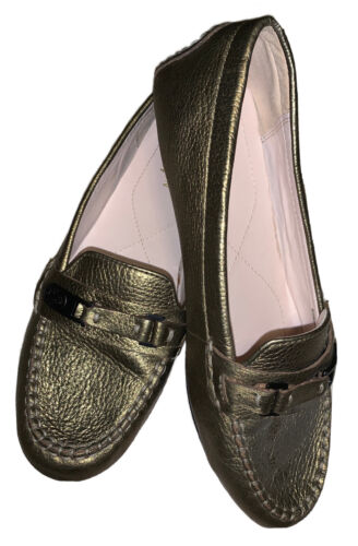 COLE HAAN Signature Gold Metallic Faux Buckle Flat Loafers Size 7B - Foto 1 di 24