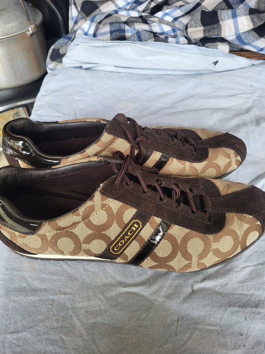 Coach Jayme Brown Bronze Gold Signature Logo Canvas Sneakers Size