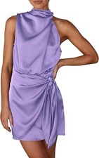 PRWomen's Satin Short Cocktail Dress - Sleeveless Mock Neck Tie Waist Party Wear