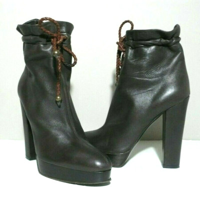 O L'AUTRE CHOSE Women's Brown Leather Platform Heels Pull On Bootie Sz 37.5 RARE
