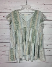 Entro Boutique Women's S Small Beige & Gray Animal Print Ruffle Cute Top Shirt