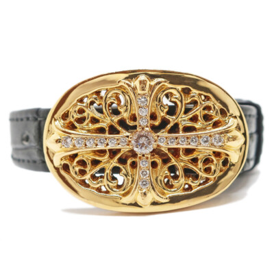 Chrome Hearts Tiny Oval Cross 22K Diamond Leather Bracelet Chrome Hearts Tiny Oval Cross 22K Diamond Leather Bracelet