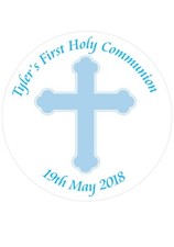 PERSONALISED 7.5 INCH ROUND HOLY COMMUNION CROSS WAFER/ RICE PAPER CAKE TOPPER