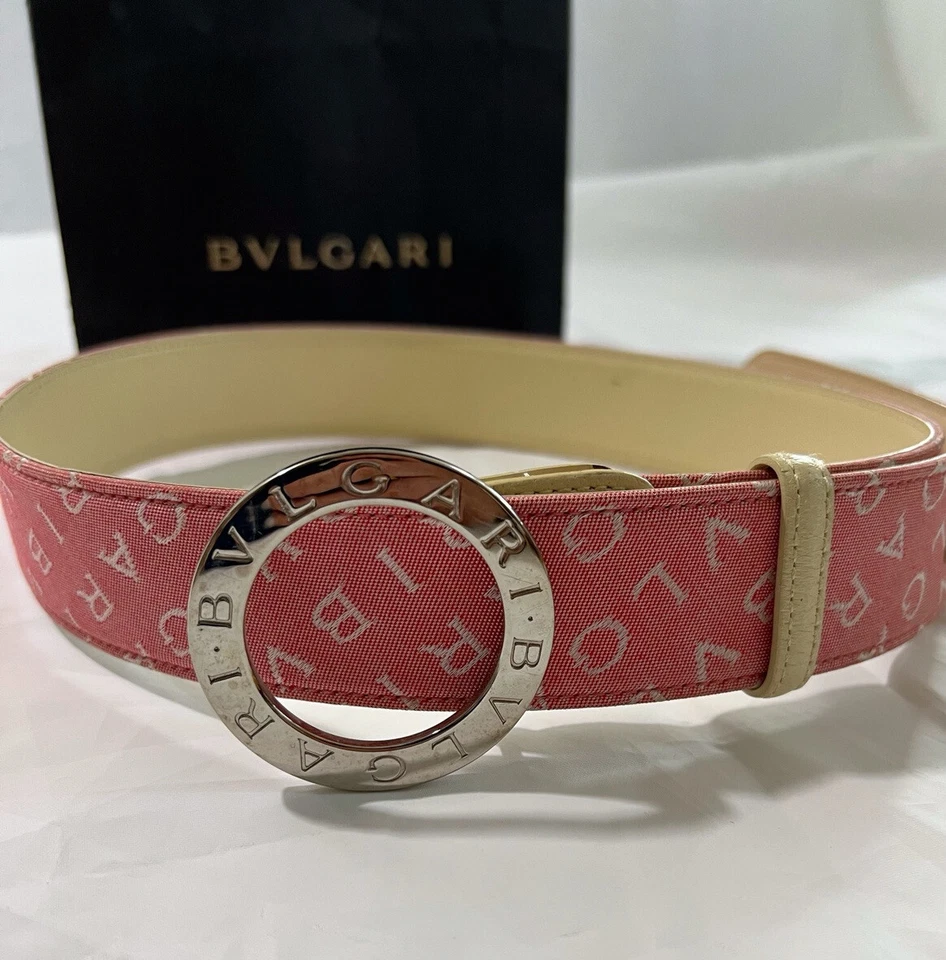 Auténtico Cinturón para Mujer Bvlgari Rosa Logo Estampado Lona Hebilla Cinturón Cuero 105/42 Foto 3 de 4