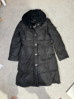 DKNY Black Puffer Down Full Zip Hideable Hood Trench Over Coat Womens Size  XS