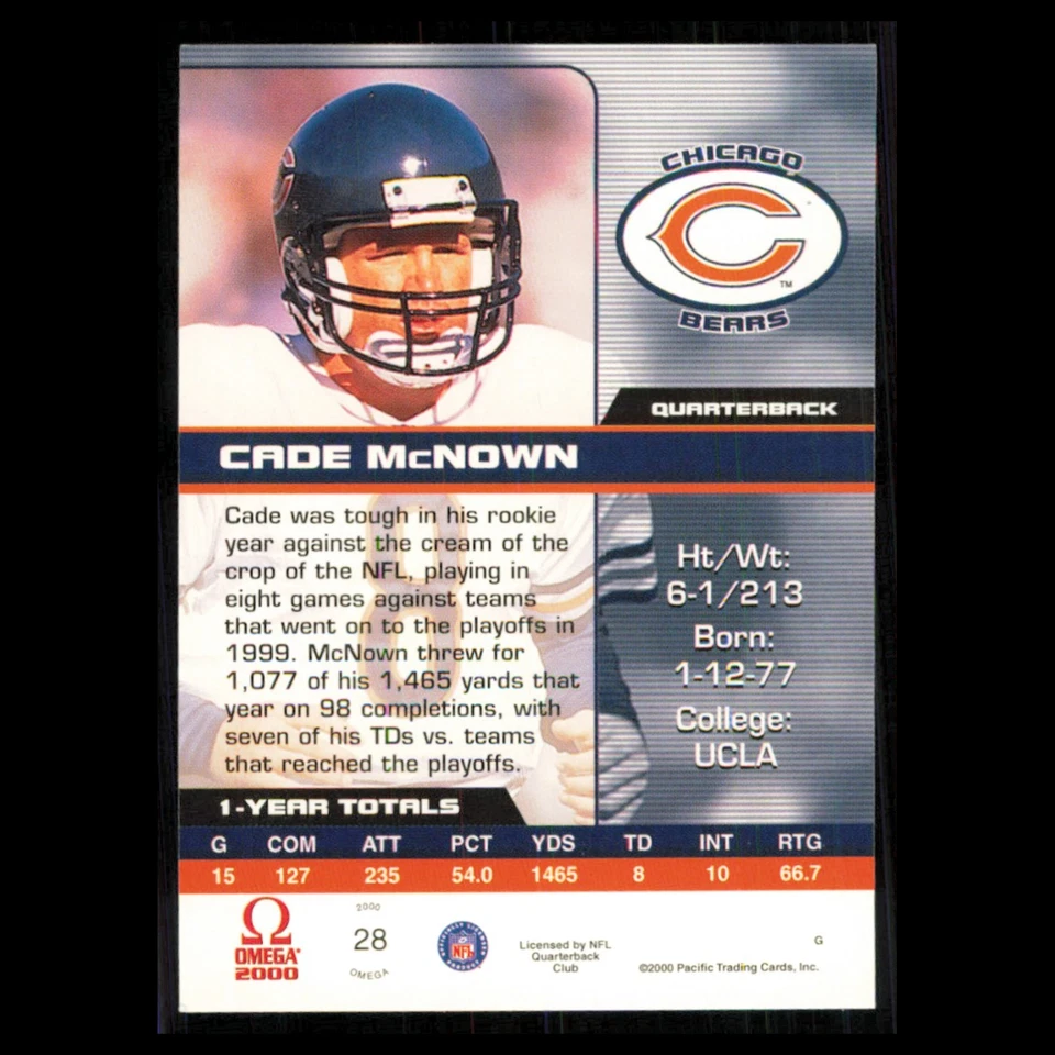 Cade McNown #28 2000 Pacific Omega Chicago Bears Football Card NFL NM - Image 2 of 3