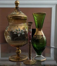 Vtg Lot Bohemia Glass Covered Candy Dish Vanity Jar Gold Gilt Floral Vase Set 3