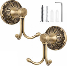2 Pack Antique Towel Hooks Wall Mounted, Brass, Double