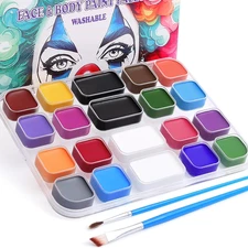 18 Color Washable Face & Body Paint Palette with Brushes, Extra Black & White Pa