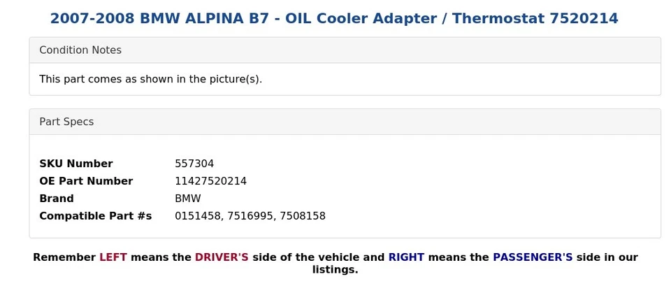 BMW ALPINA B7 2007-2008 - Adaptador enfriador de aceite / termostato 7520214 Foto 4 de 4