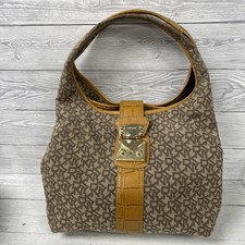 DKNY Vintage Y2K Canvas & Leather Beige & Tan Top Handle Tote Gold Lock PD