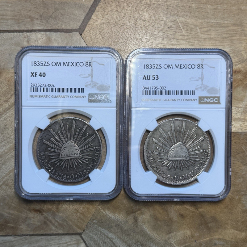 (Qty. 2) Mexico 1835 8 Reales ZS OM Silver Coins NGC Certified XF40 & AU53